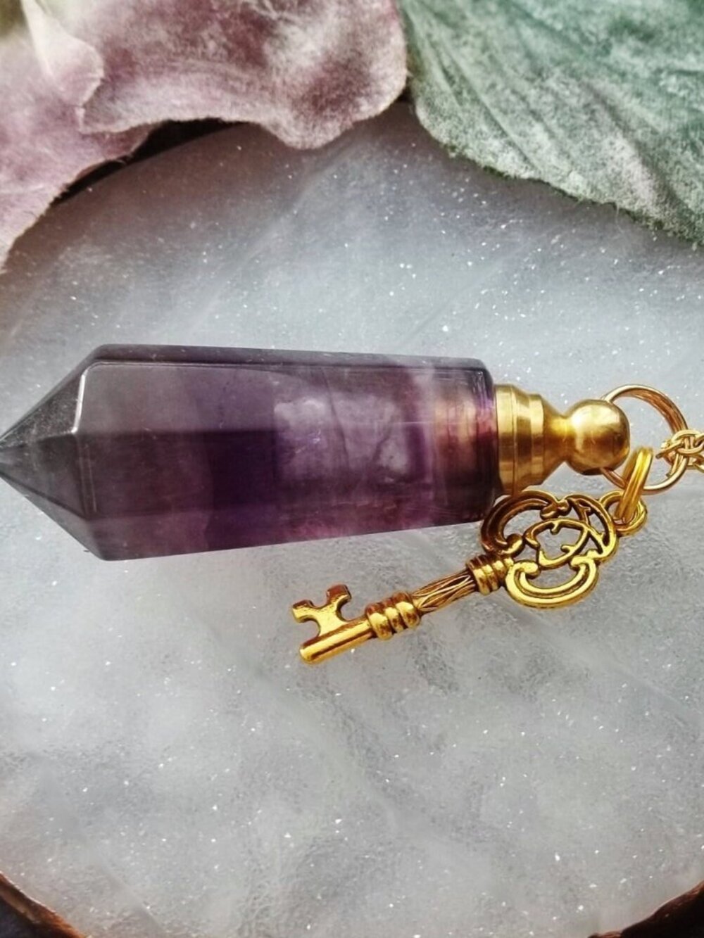 Amethyst Crystal Point Vial Necklace Perfume Diffuser Bottle Key Charm Gold